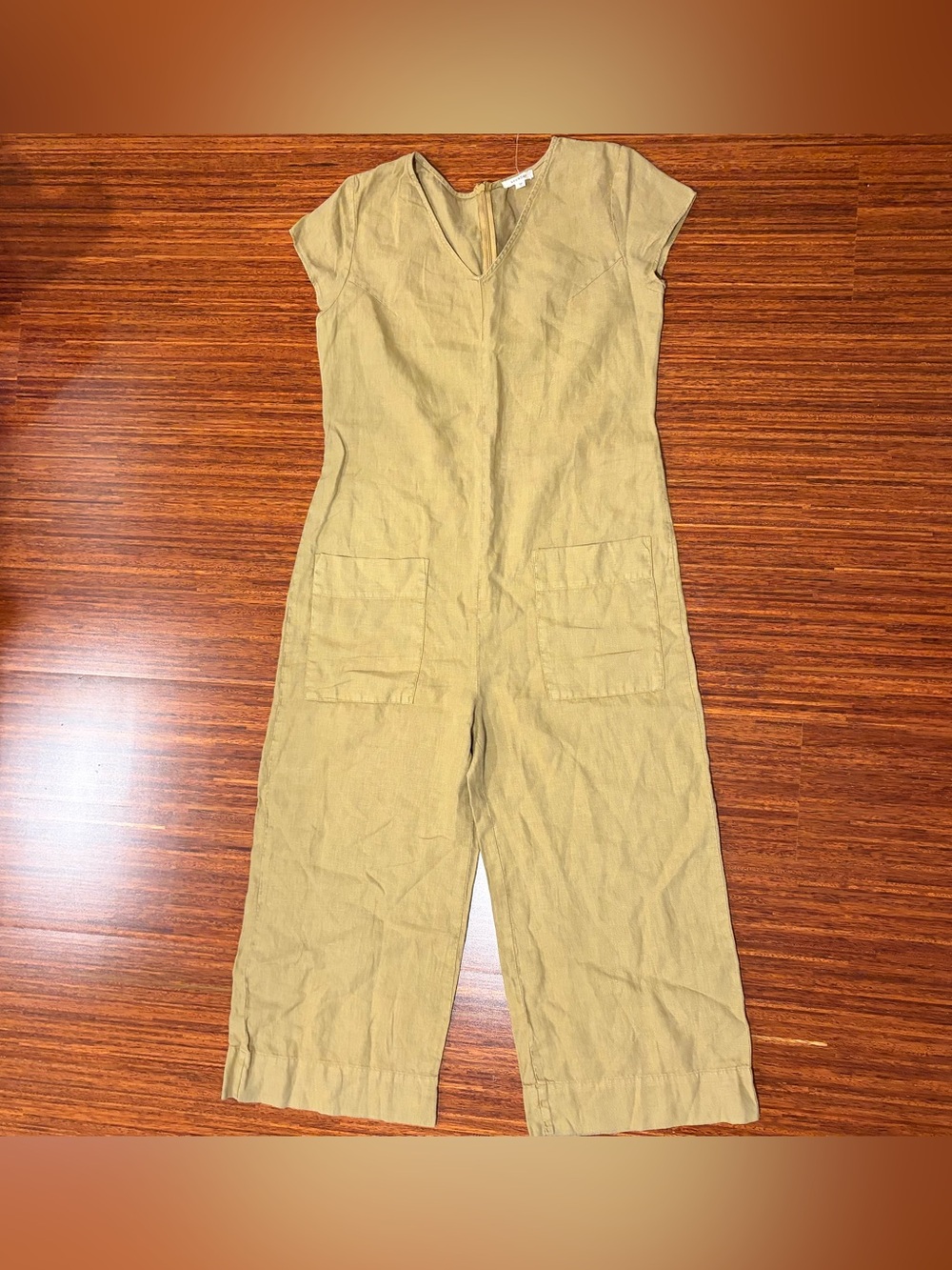 Suunday Olive Fennel Seed Linen Wide Leg Relaxed Fit cropped leg Jumpsuit - Size